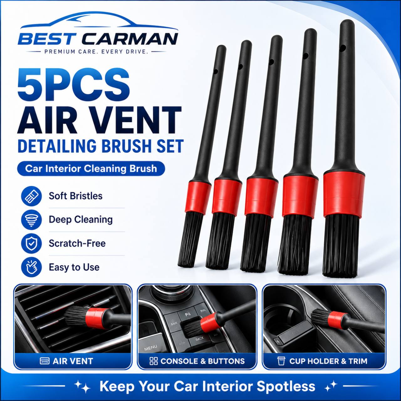 5PCS Air Vent Detailing Brush Set Car Interior Cleaning Brush Soft Bristle 1 Set