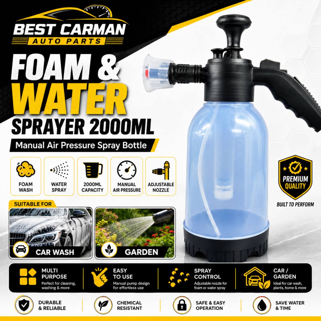 Foam & Water Sprayer 2000ML Manual Air Pressure Spray Bottle Car Wash Garden