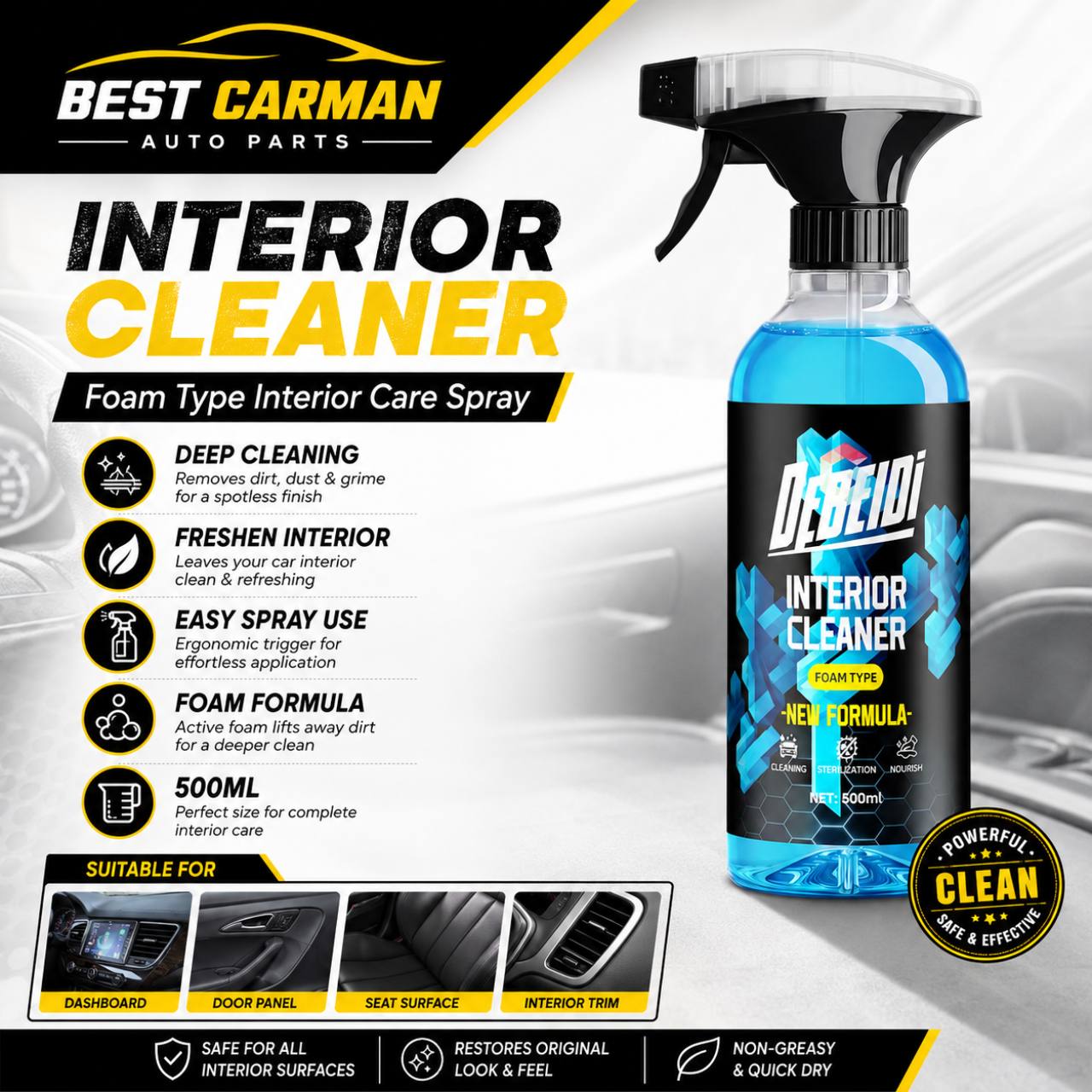 DEBEIDI Interior Cleaner Foam Type 500ML Car Dashboard Seat Door Panel Cleaner