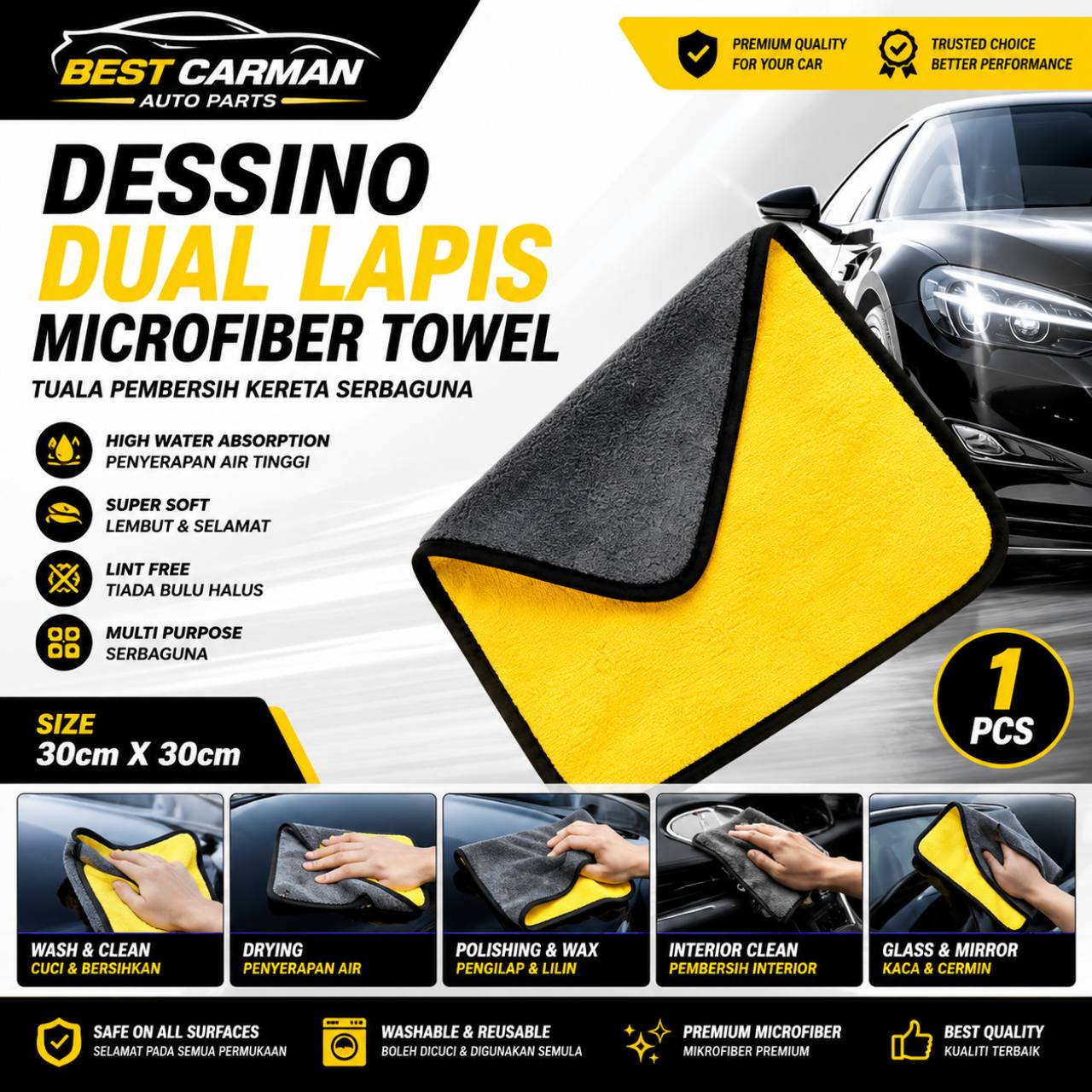 DESSINO Dual Lapis Microfiber Towel 30x30cm Car Cleaning Cloth 1PC