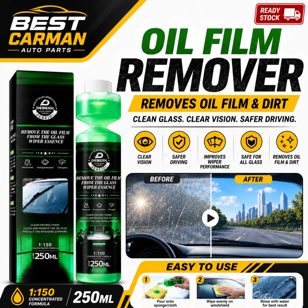 DEBEIDI Oil Film Remover 250ML Car Glass Cleaner Wiper Essence Clear Vision