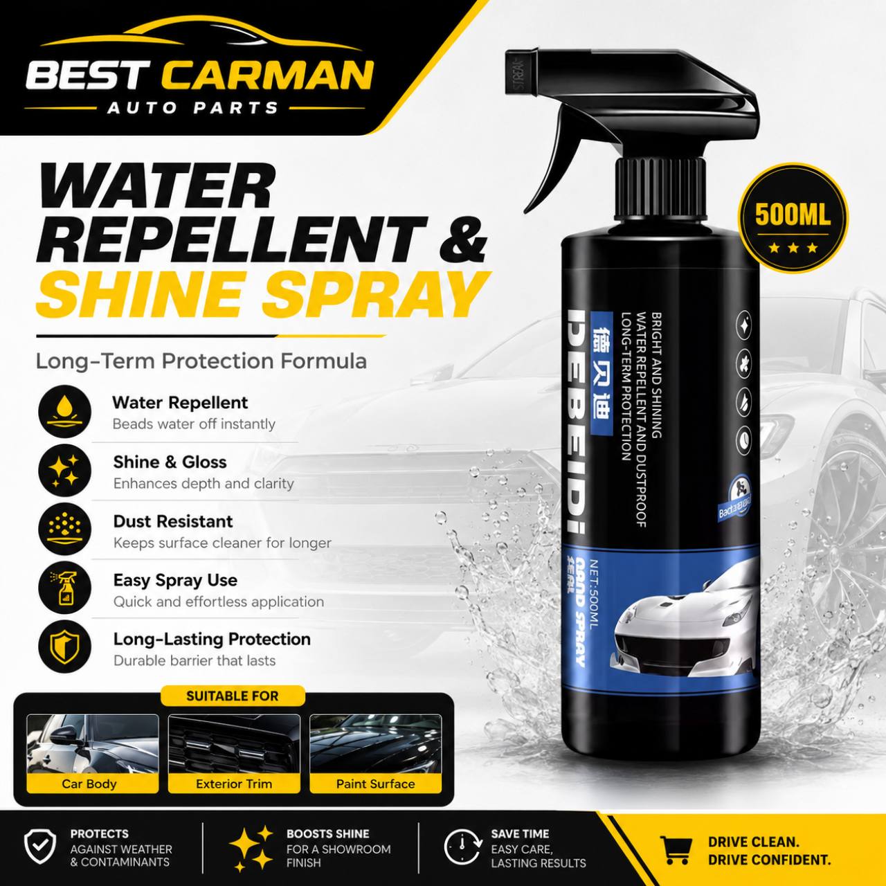 Water Repellent & Shine Spray 500ML Car Body Protection Gloss Coating Spray